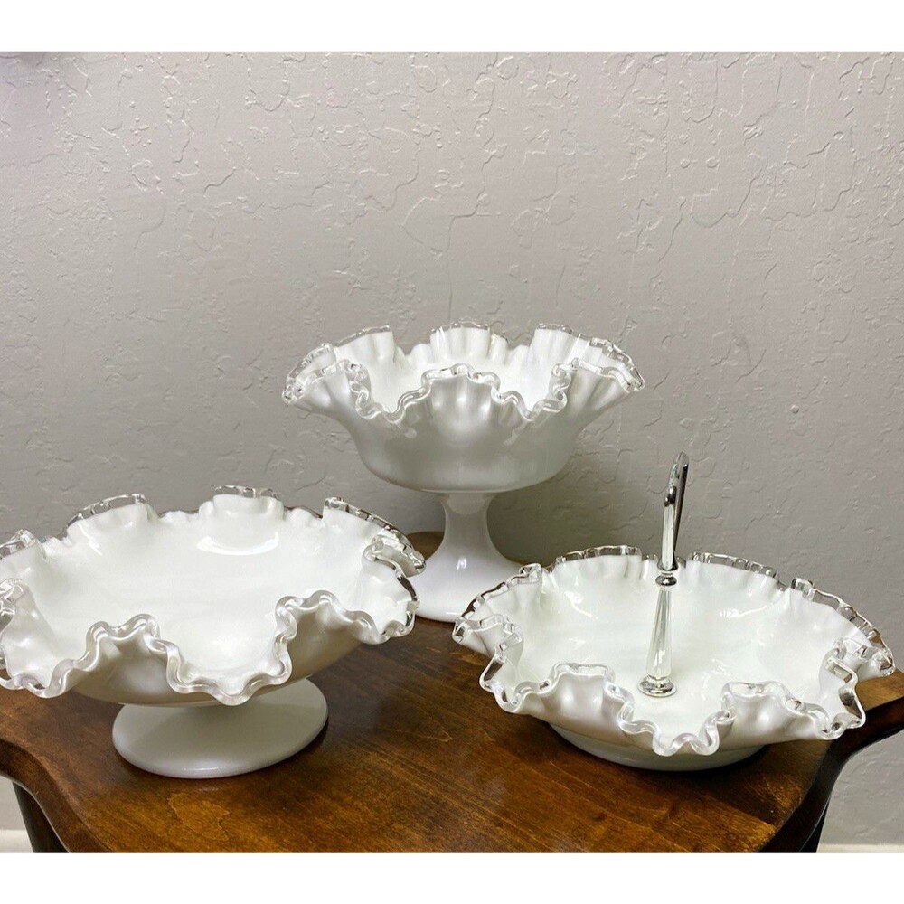 Vintage Fenton Silver Crest Milk Glass 3-Piece Lot Ruffled Edges